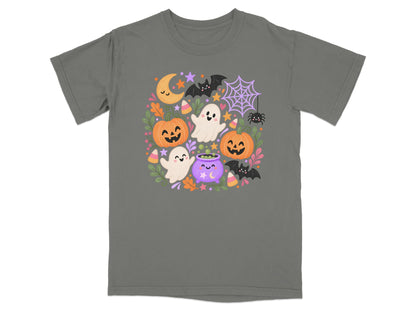 Gray t-shirt with a circular Halloween graphic featuring ghosts, pumpkins, bats, and candy.