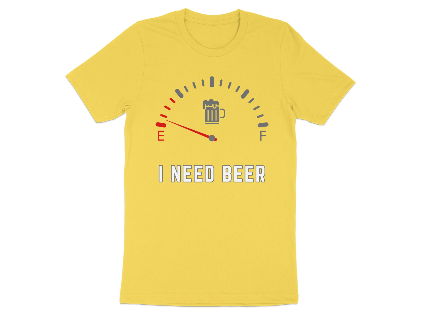 Yellow t-shirt with a beer gauge graphic and "I NEED BEER" text.