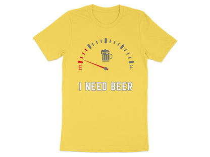 Yellow t-shirt with a beer gauge graphic and "I NEED BEER" text.