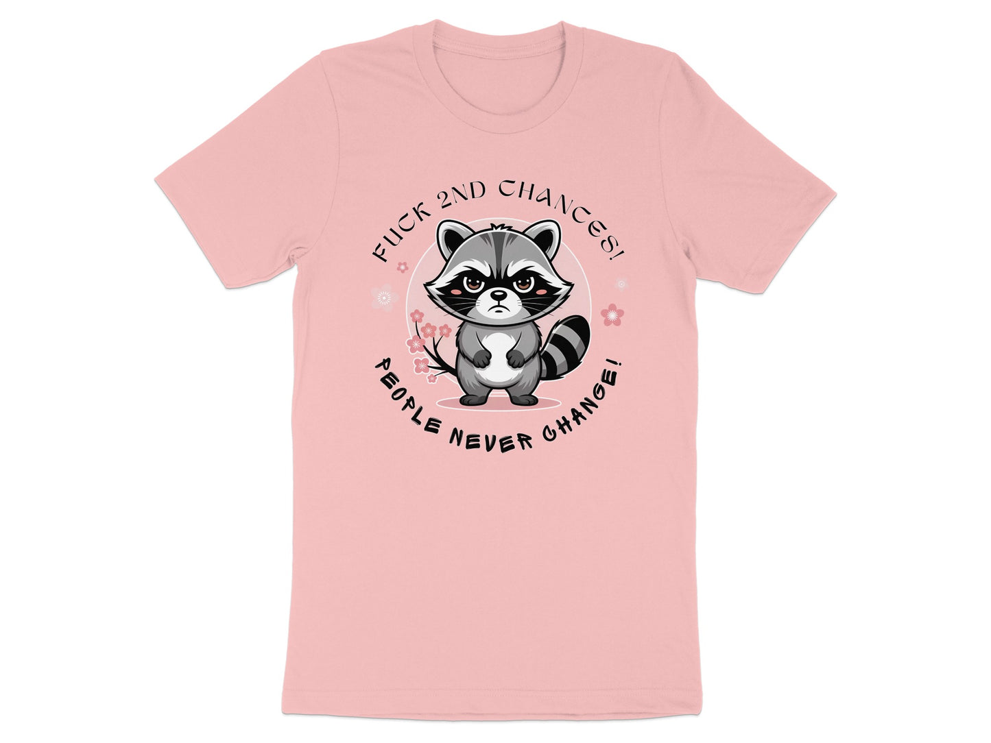 Pink t-shirt with a cartoon raccoon graphic and text.