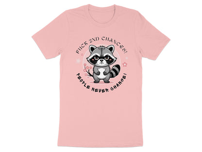 Pink t-shirt with a cartoon raccoon graphic and text.