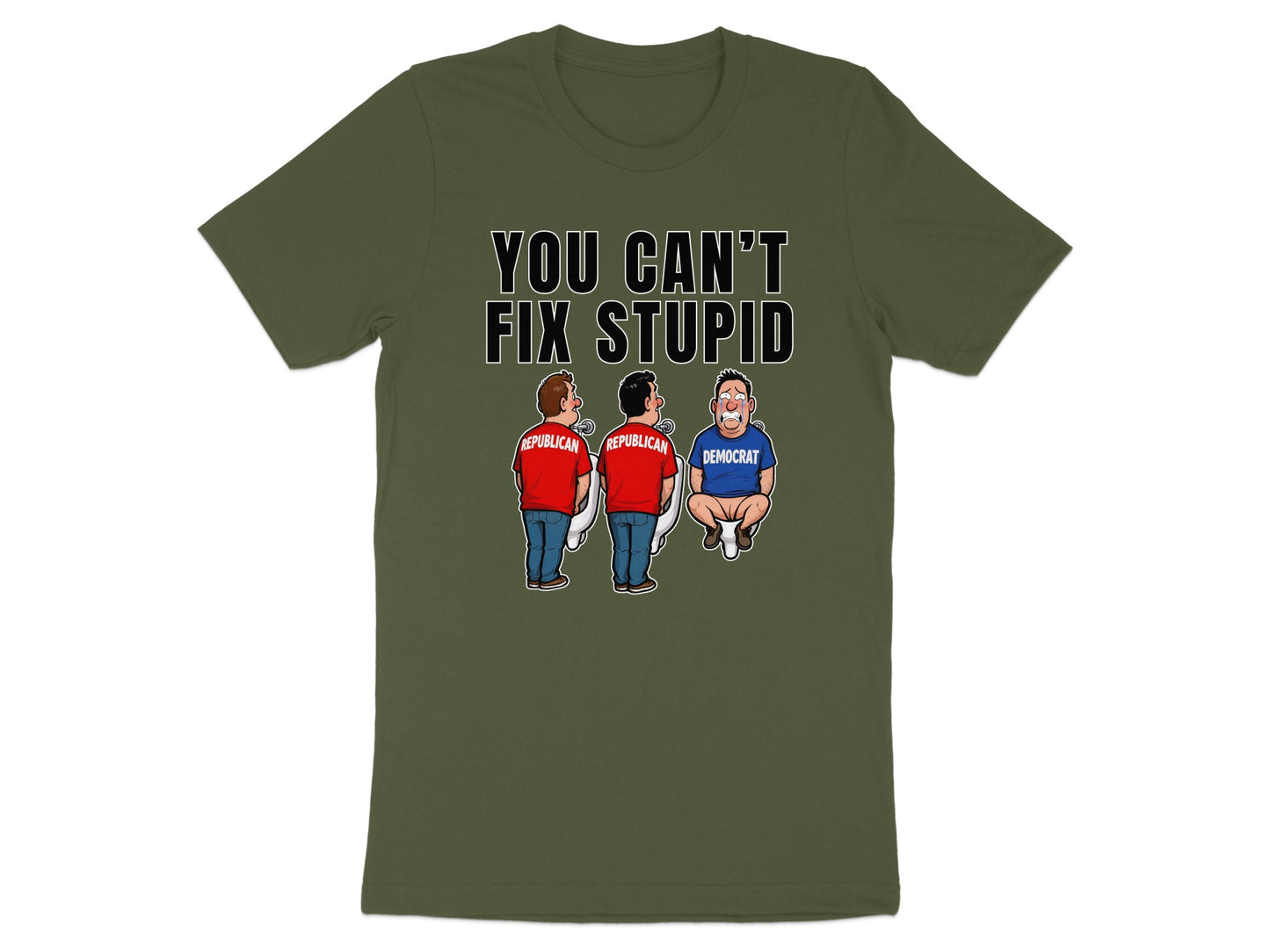 T-shirt with text "You Can't Fix Stupid" and cartoon of Republicans and Democrat on toilets.