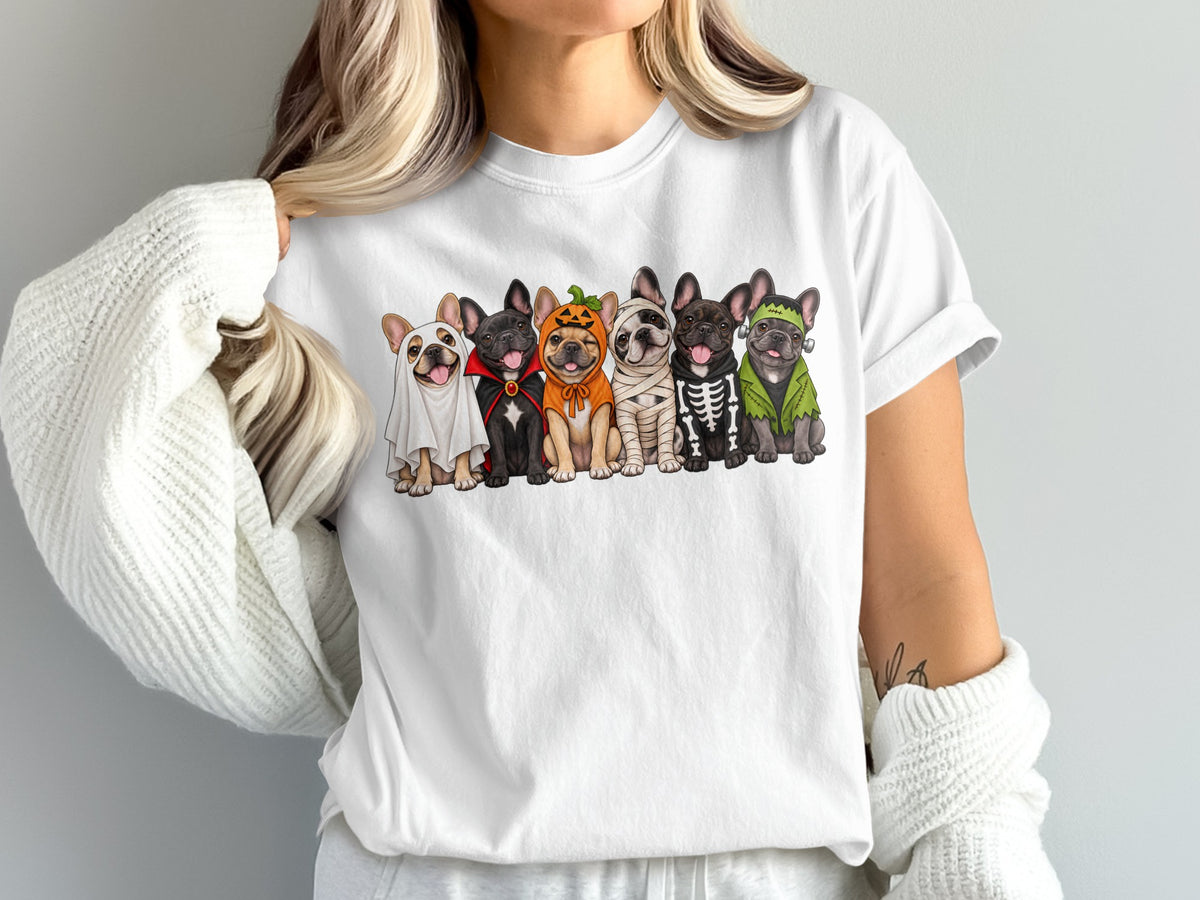 French bulldogs in Halloween costumes: ghost, vampire, pumpkin, mummy, skeleton, Frankenstein.