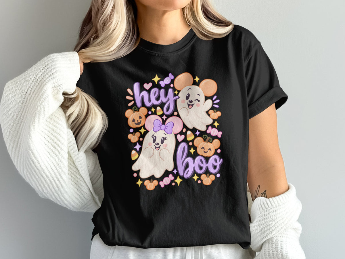 Black t-shirt with "hey boo" text and cute Halloween ghosts, pumpkins, and candy.