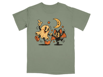 Retro ghost and bat dancing under a smiling moon and stars.
