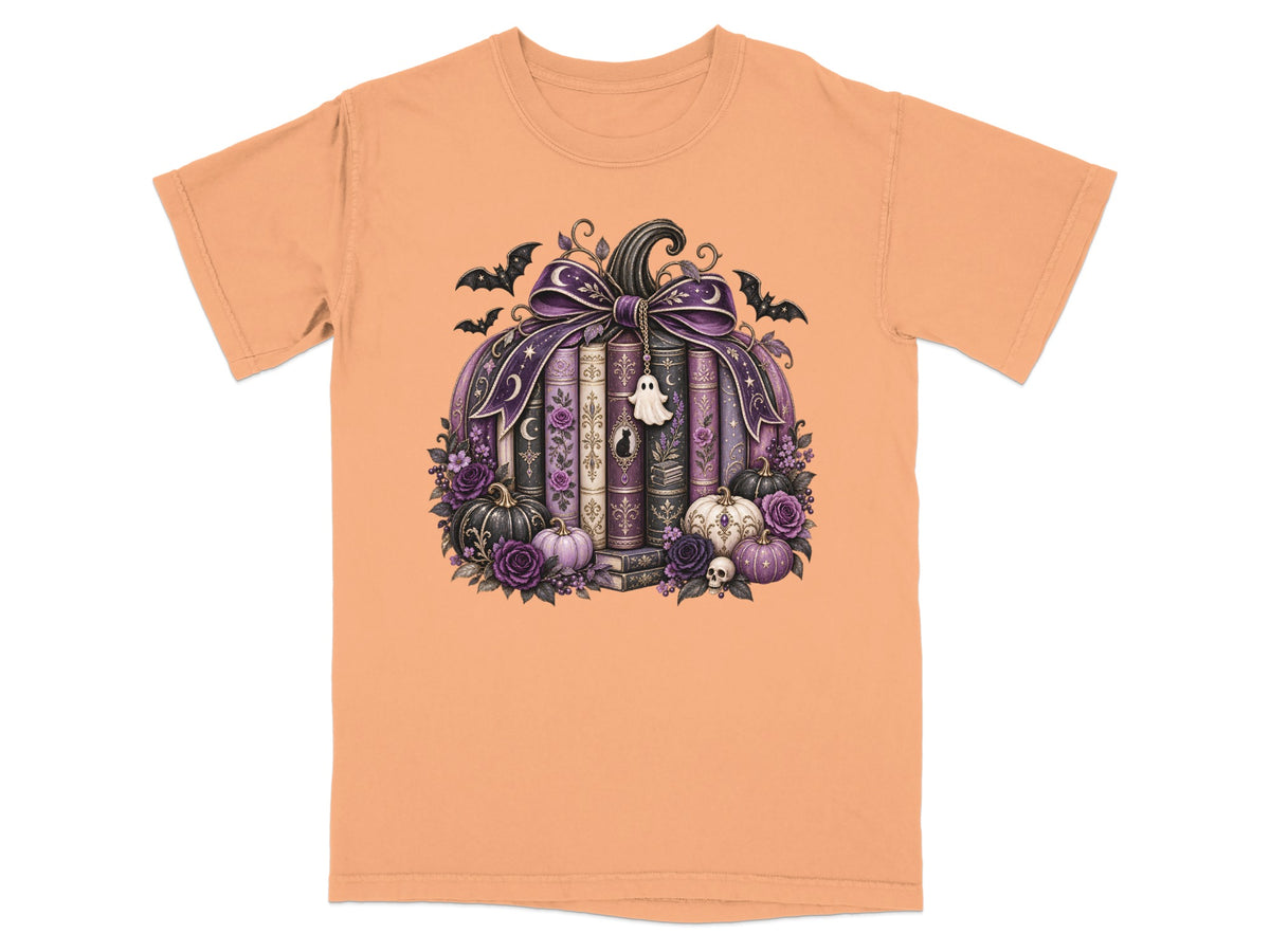 Halloween pumpkin design with books, bats, ghosts, skulls, and purple roses.