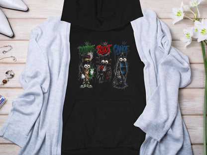 Black hoodie with "Doobie Scoot Canoe" graphic featuring cartoon characters.