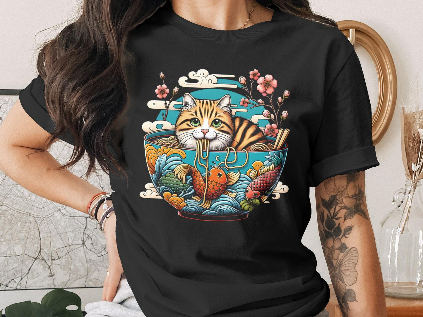 Ramen Cat T-Shirt: Kawaii Anime Style, Japanese Noodles