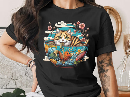 Ramen Cat T-Shirt: Kawaii Anime Style, Japanese Noodles