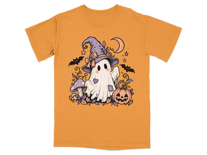 Orange t-shirt with a ghost wearing a witch hat surrounded by Halloween elements.