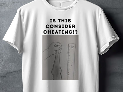 White t-shirt with "IS THIS CONSIDER CHEATING!?" and a drawing of a hand measuring something.