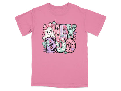 Pink t-shirt with "Hey Boo" graphic featuring a ghost and Halloween-themed letters.