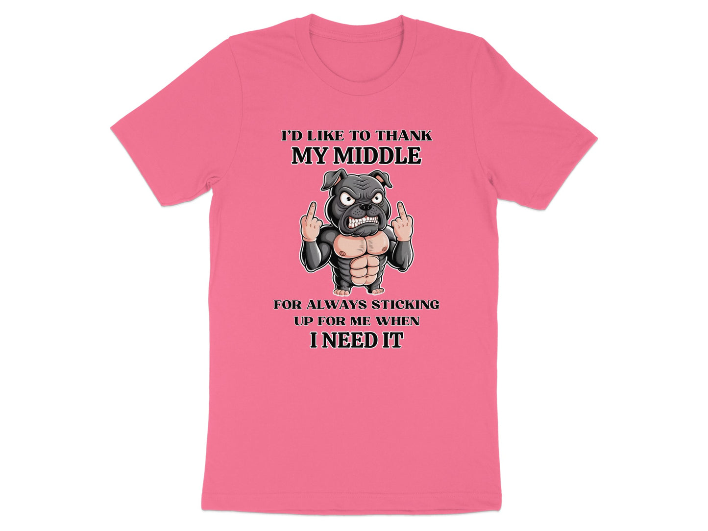 Pink t-shirt with cartoon dog graphic and text "I'd like to thank my middle for always sticking up for me when I need it."