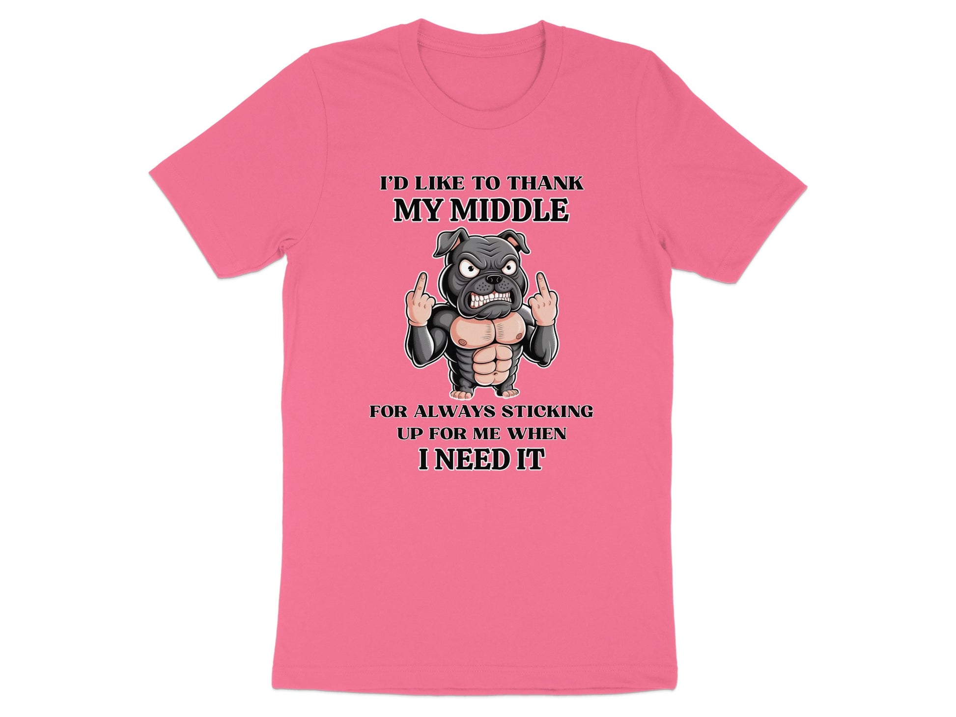 Pink t-shirt with cartoon dog graphic and text "I'd like to thank my middle for always sticking up for me when I need it."