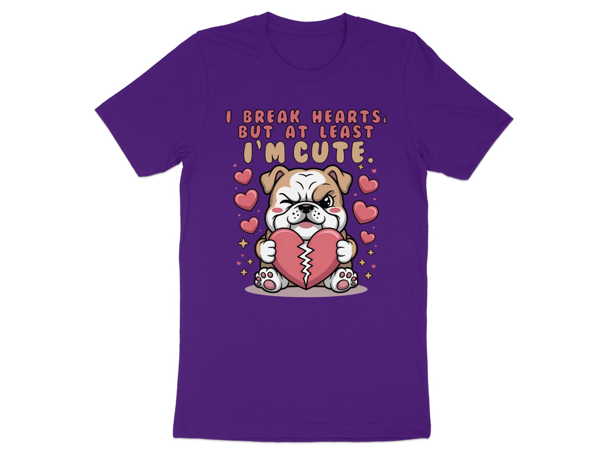 Bulldog holding broken heart with text "I break hearts, but at least I'm cute."