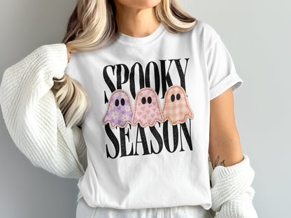 White t-shirt with "SPOOKY SEASON" text and three cute ghosts.
