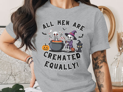 Grey t-shirt with Halloween skeletons, pumpkin, black cat, and text.