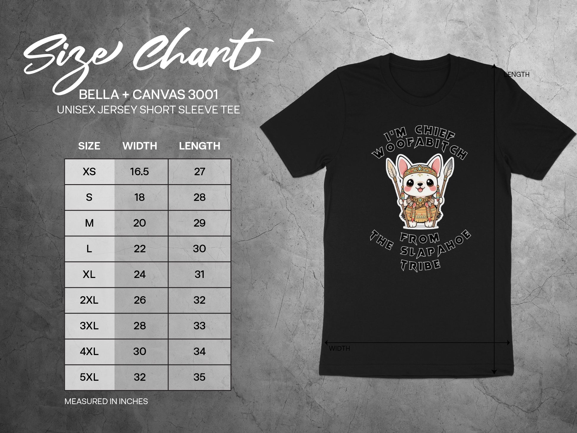 Size chart for Bella + Canvas 3001 unisex short sleeve tees.