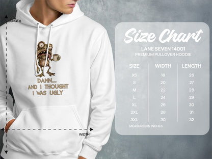 White hoodie with cartoon frog graphic and text, plus size chart.