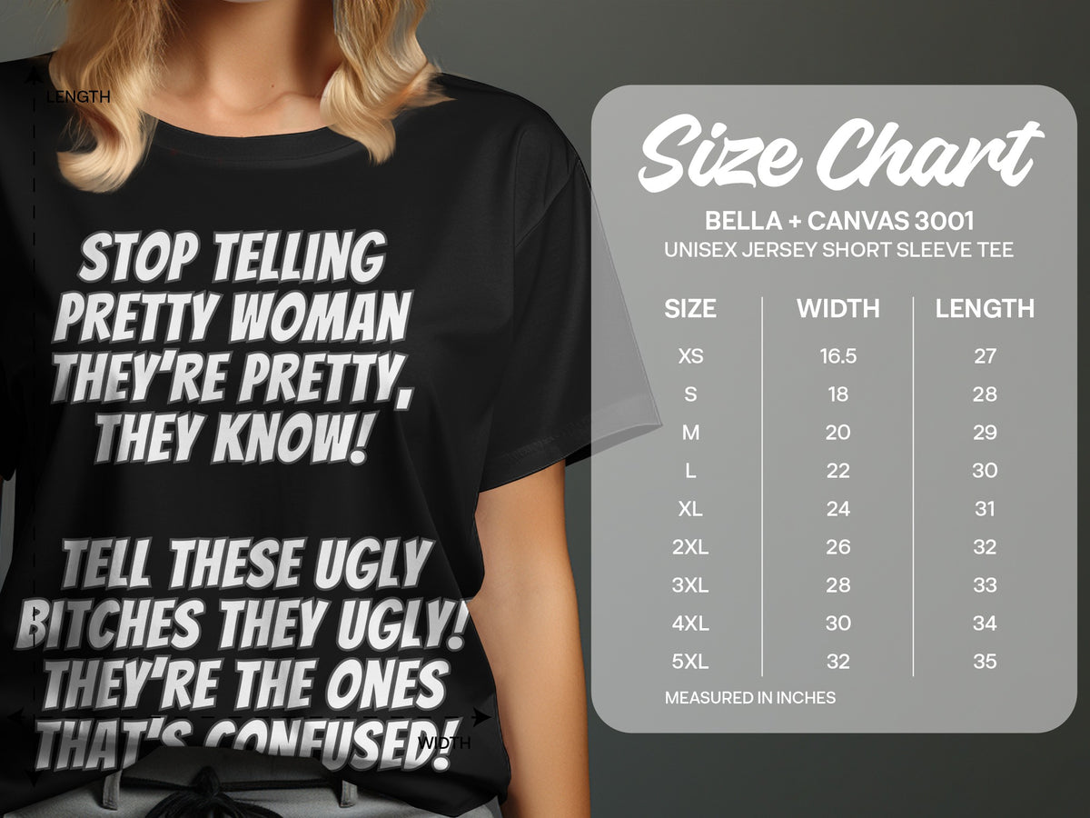 Black t-shirt with white text and a Bella+Canvas 3001 size chart.
