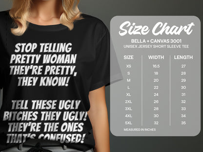 Black t-shirt with white text and a Bella+Canvas 3001 size chart.