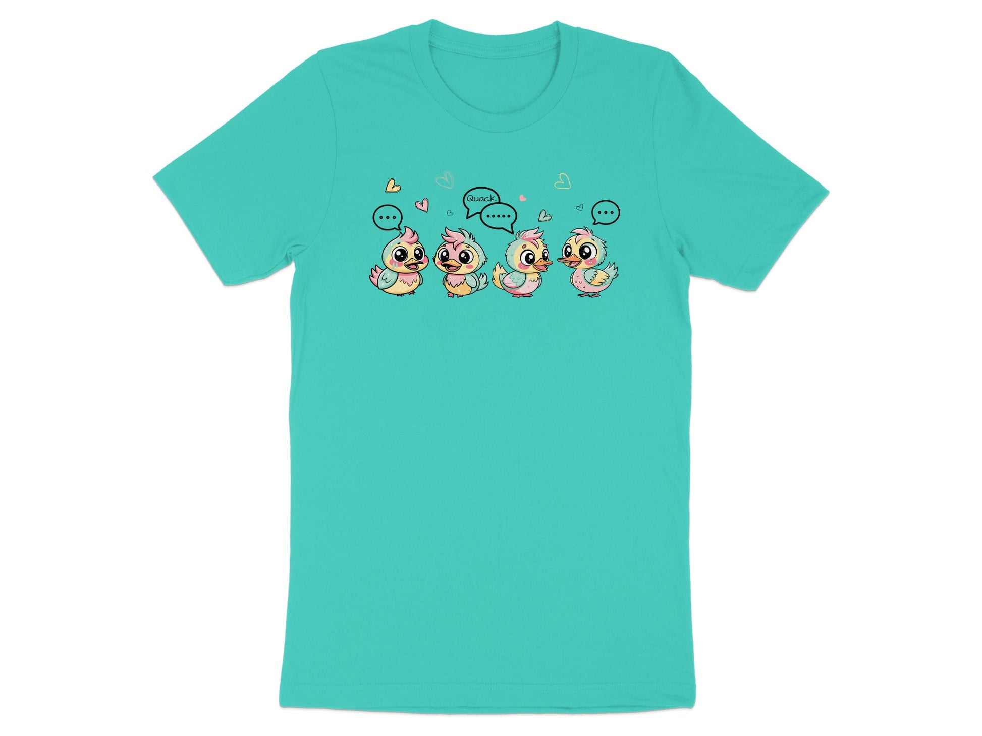 Four cartoon ducks in speech bubbles that say "quack" and ellipses.