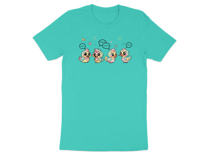 Four cartoon ducks in speech bubbles that say "quack" and ellipses.