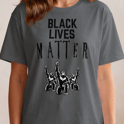 T-shirt with "BLACK LIVES MATTER" text and three gorillas with fists raised.