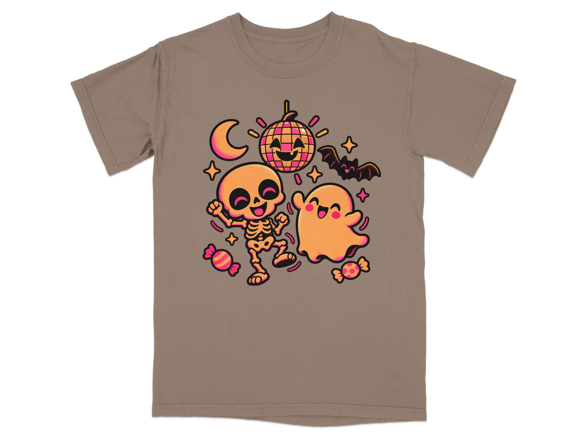 Cartoon skeleton and ghost dancing with disco ball, moon, bat, and candy.