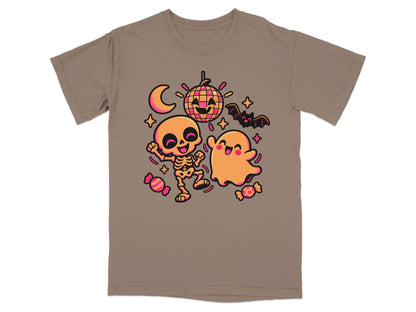 Cartoon skeleton and ghost dancing with disco ball, moon, bat, and candy.