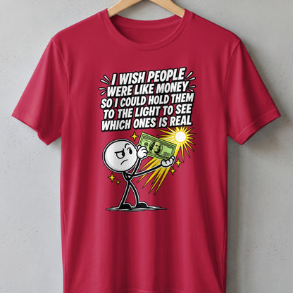 Red t-shirt with cartoon character holding a $100 bill to a sun.