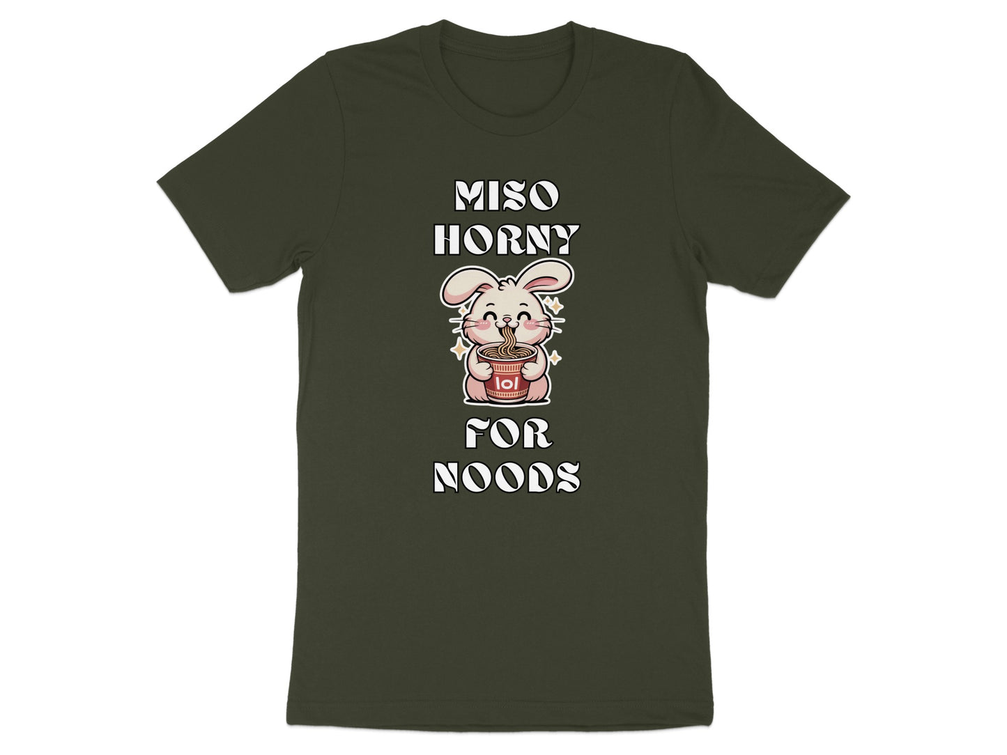 Dark green t-shirt with "Miso Horny for Noods" text and a cartoon bunny holding ramen.
