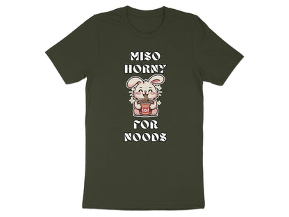 Dark green t-shirt with "Miso Horny for Noods" text and a cartoon bunny holding ramen.