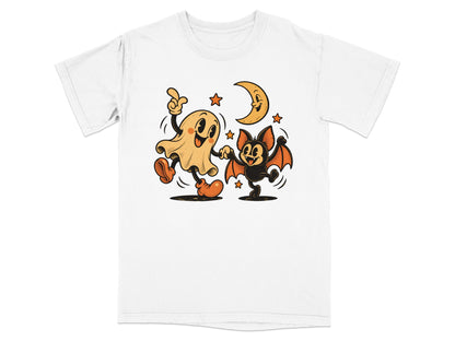 Cartoon ghost and bat dancing with smiling moon and stars on white t-shirt.