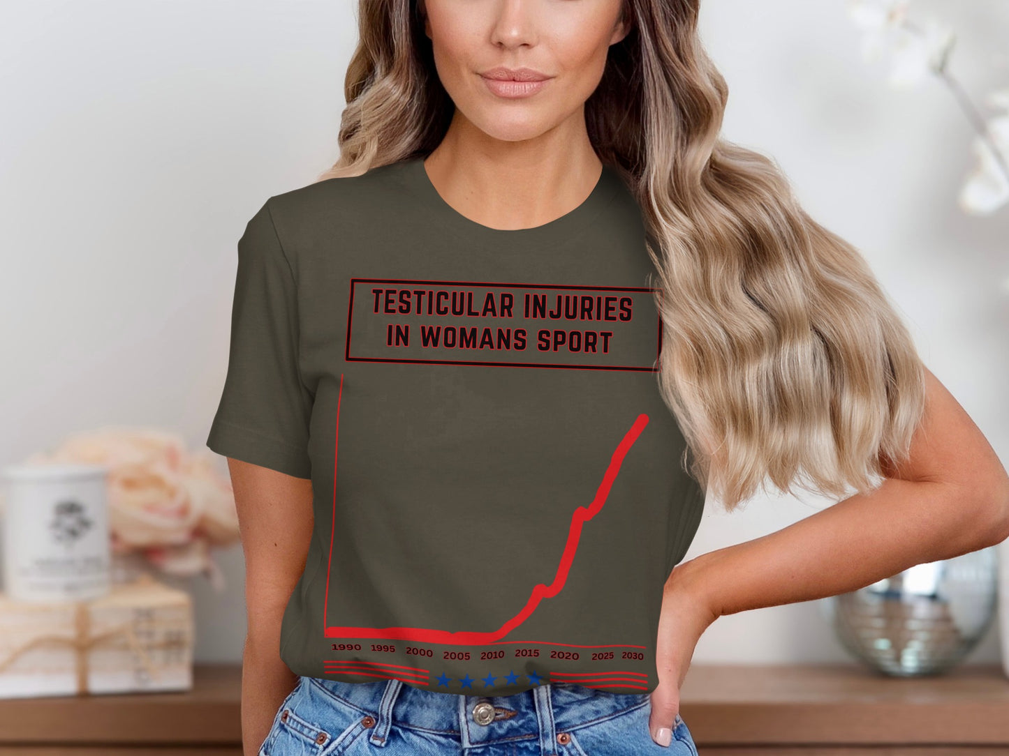 T-shirt with "Testicular Injuries in Woman's Sport" and a graph showing rising injury rates.