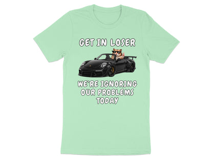 Hamster in sunglasses driving a convertible with text: Get in loser, we're ignoring our problems today.
