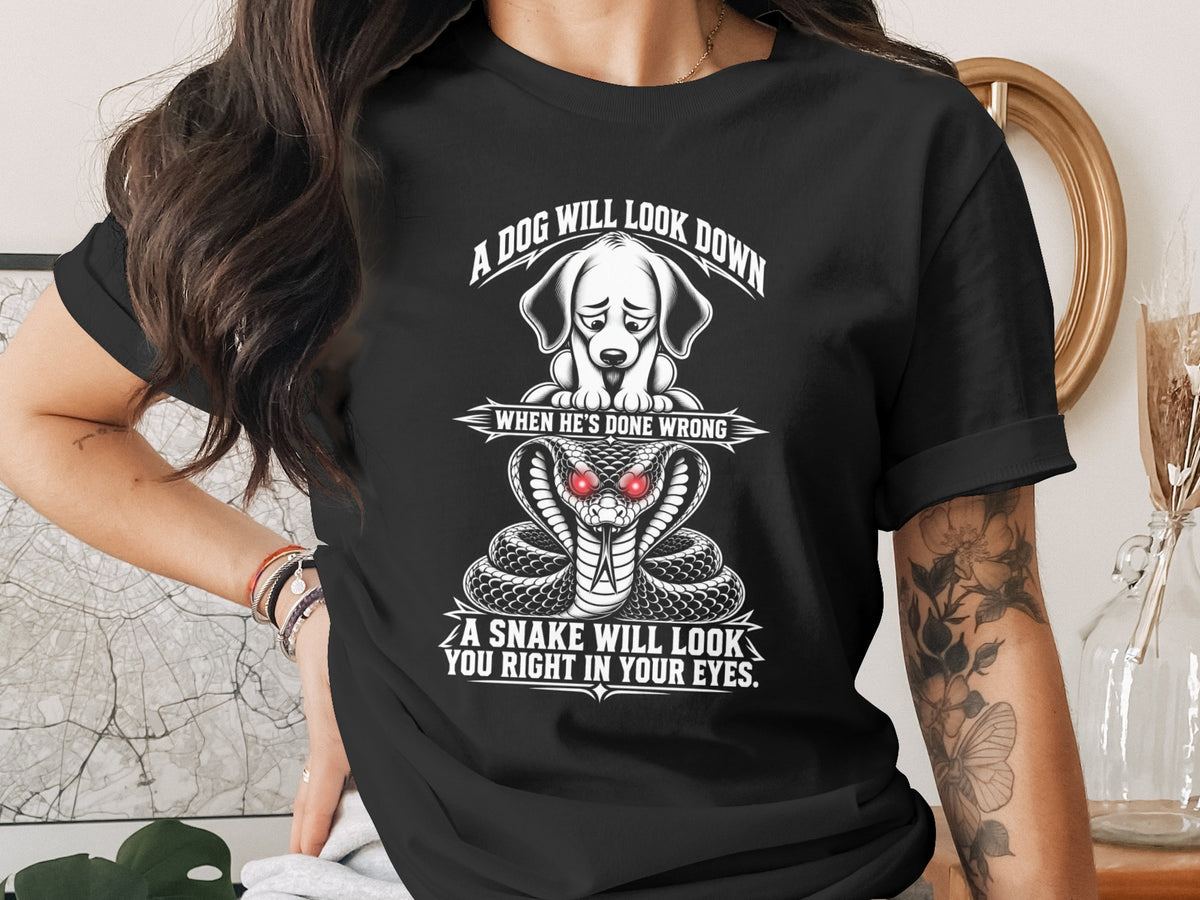 Black t-shirt with dog looking down and snake looking right in your eyes graphic.