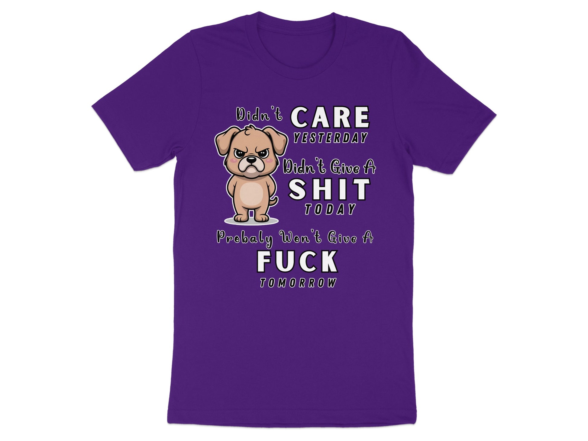 Purple t-shirt with a grumpy dog and text about not giving a fuck.