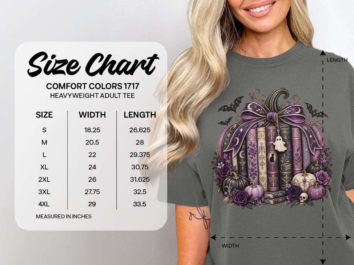 Comfort Colors 1717 heavyweight adult tee size chart with width and length measurements.