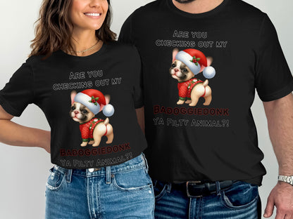 Black t-shirts with a French bulldog wearing a Santa hat and a sweater.