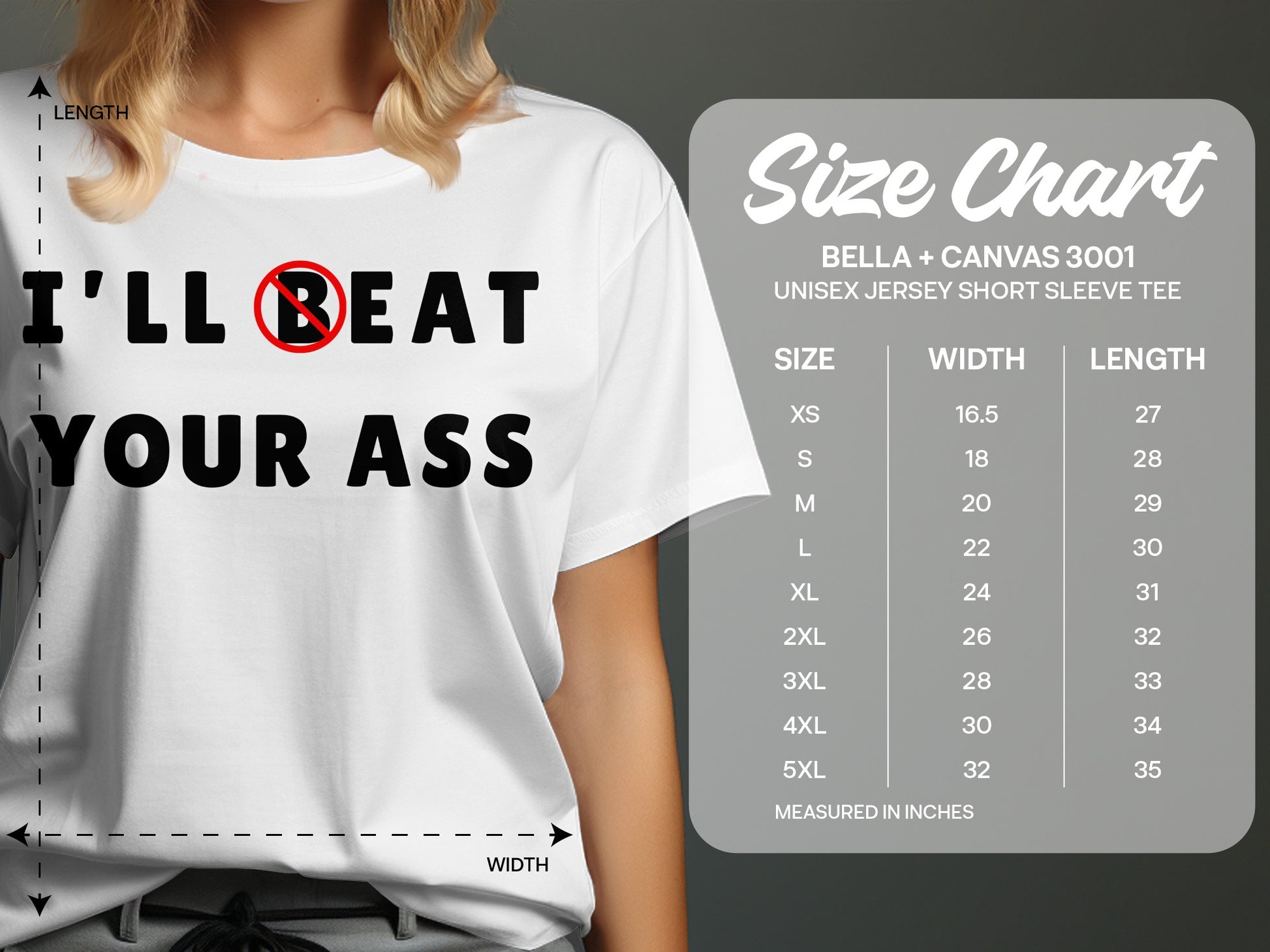 White Bella + Canvas 3001 t-shirt with text and size chart.