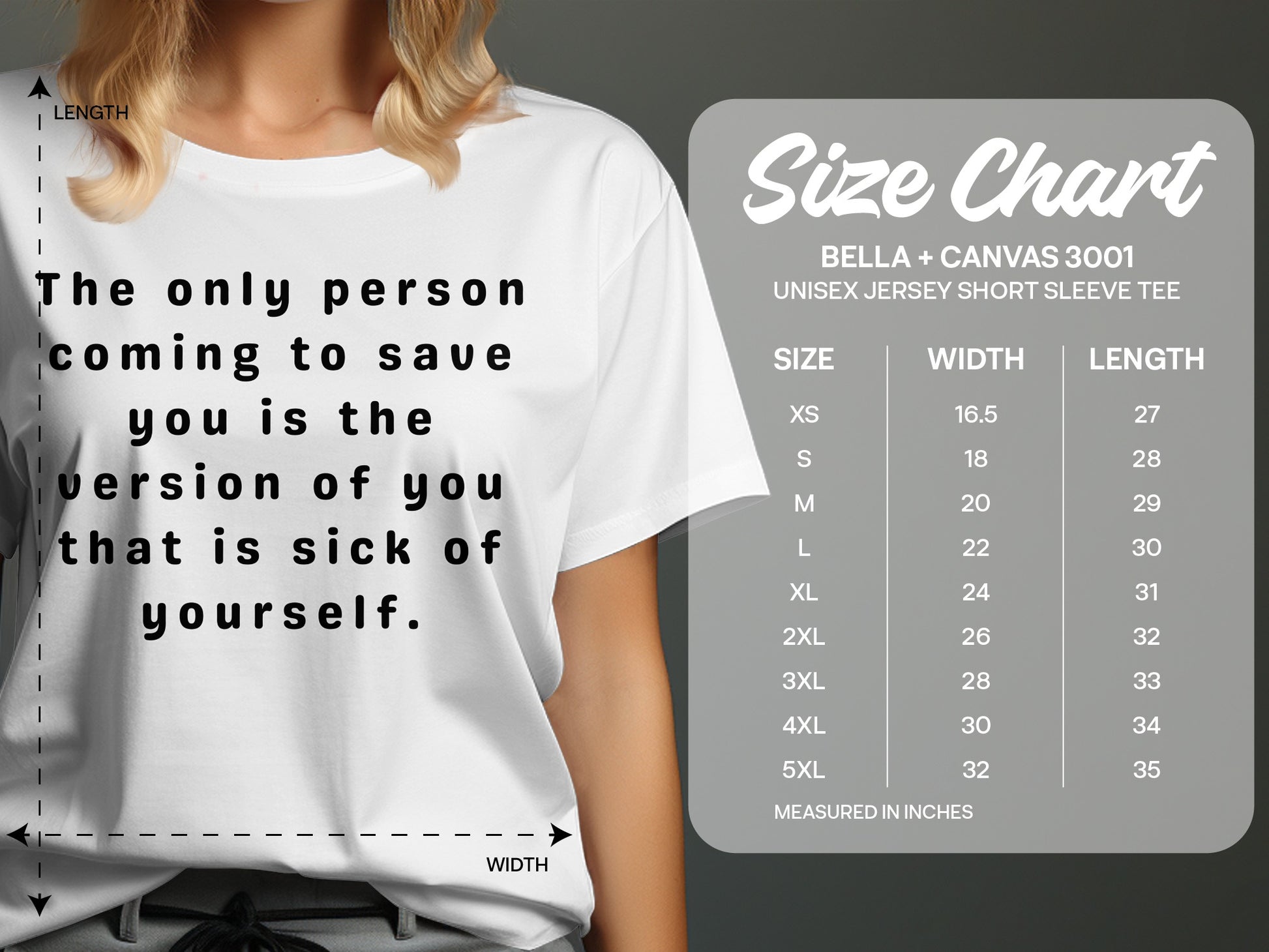 Bella + Canvas 3001 unisex tee with text and size chart.
