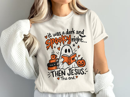 Cream t-shirt with "it was a dark and spooky night... then Jesus. The end." text and Halloween graphics.