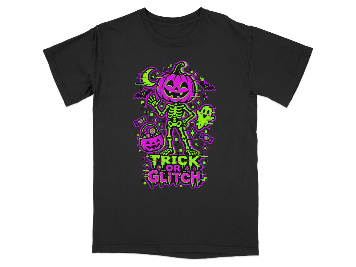 Black t-shirt with Halloween graphic featuring skeleton, pumpkin, ghost, bats, and text "TRICK OR GLITCH".
