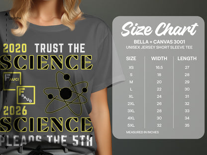 T-shirt with text "2020 Trust the Science" and "2026 Science Pleads the 5th".