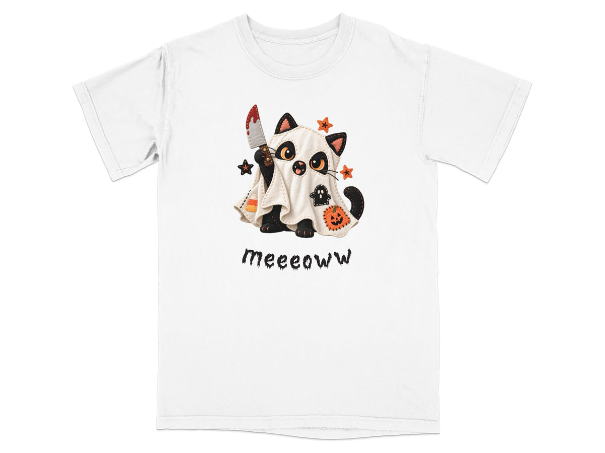 White t-shirt with a spooky ghost cat illustration holding a bloody knife.
