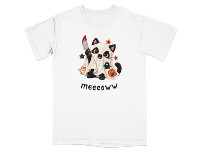 White t-shirt with a spooky ghost cat illustration holding a bloody knife.