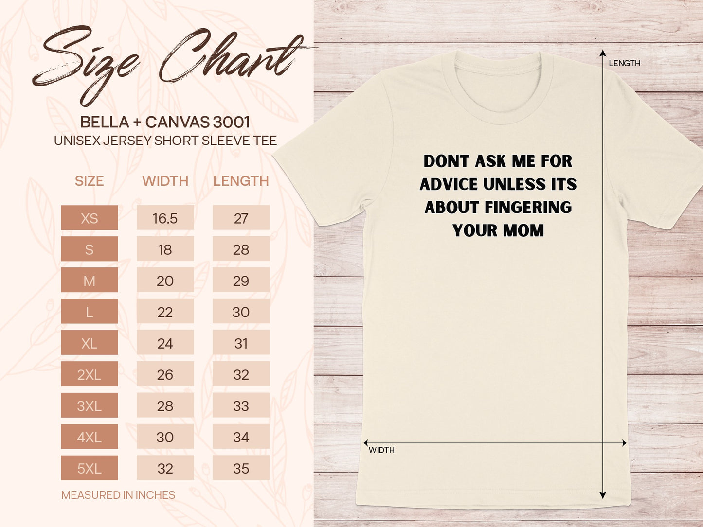 Size chart for Bella + Canvas 3001 unisex t-shirt with sizes XS-5XL, width, and length.