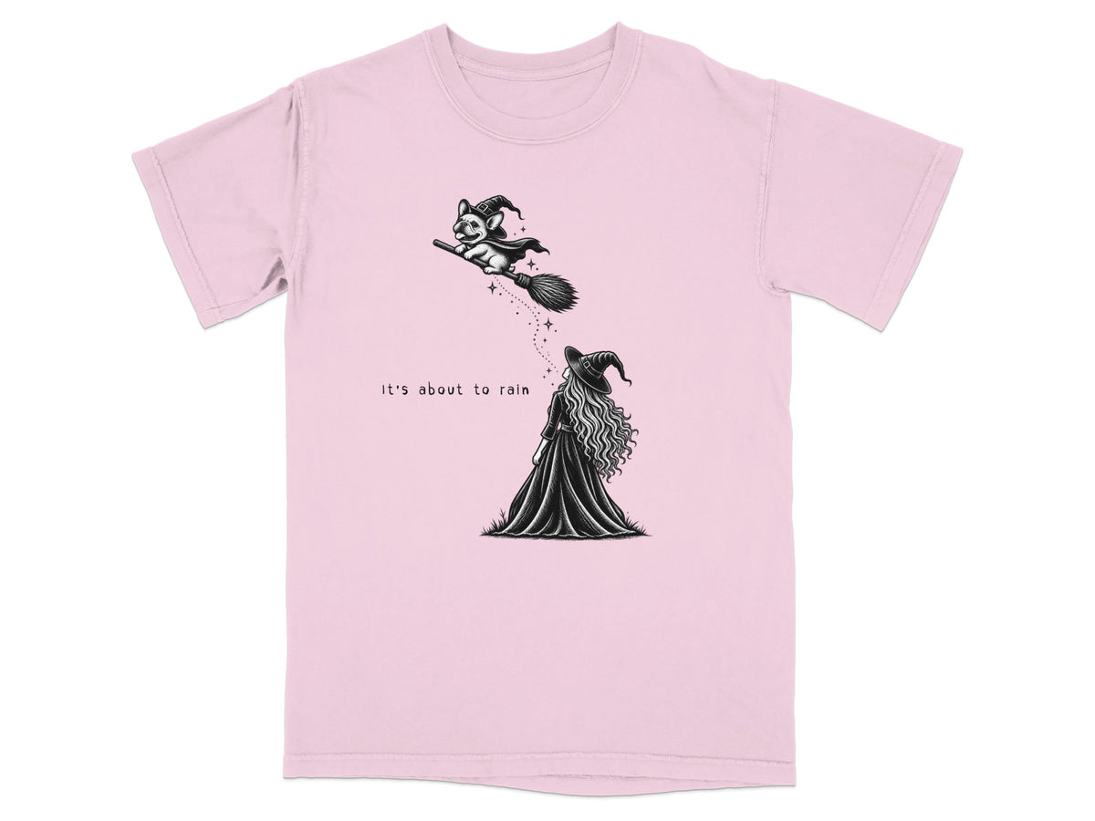French bulldog in witch hat flies on broom, text "It's about to rain"