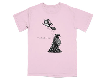 French bulldog in witch hat flies on broom, text "It's about to rain"